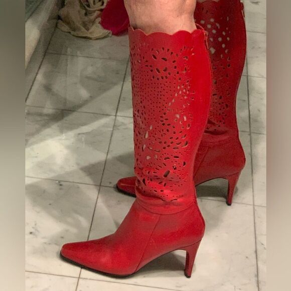 Red leather laser cut lace high boots 4”heel 6.5 Bellini fabulous color sexy - Picture 9 of 13